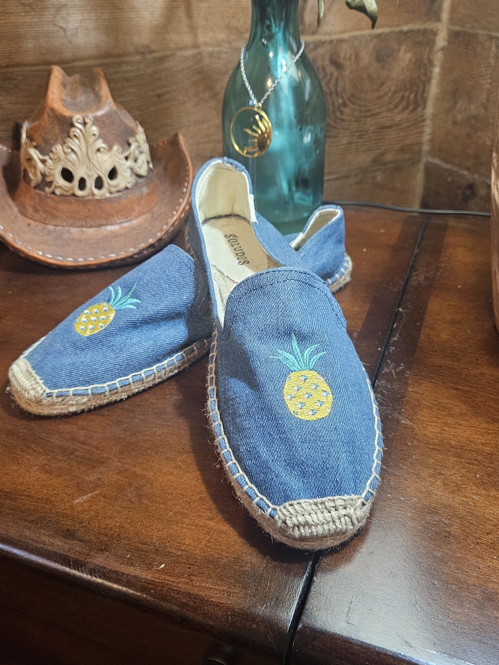 Soludos Blue Denim Espadrilles with Yellow Pineapple Embroidery